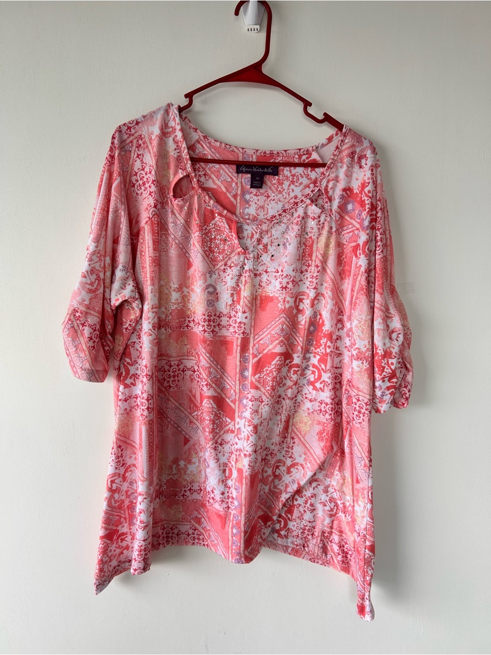 Gloria Vanderbilt Pink Patterned V-Neck Tunic Top